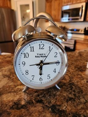 Timex Easy Reader Twin-Bell Alarm Clock - Silver and White